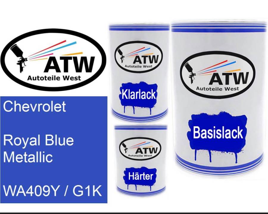 Chevrolet, Royal Blue Metallic, WA409Y / G1K: 500ml Lackdose + 500ml Klarlack + 250ml Härter - Set, von ATW Autoteile West.